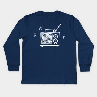 Transistor Radio Line Drawing in White Kids Long Sleeve T-Shirt